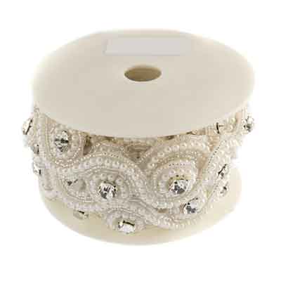 Beaded Crystal Swirl Trim 38mm White/Crystal by the yard image